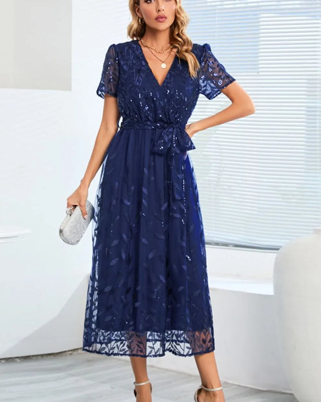 Sequin Leaf Embroidery Tie Front Short Sleeve Dress Dark Blue