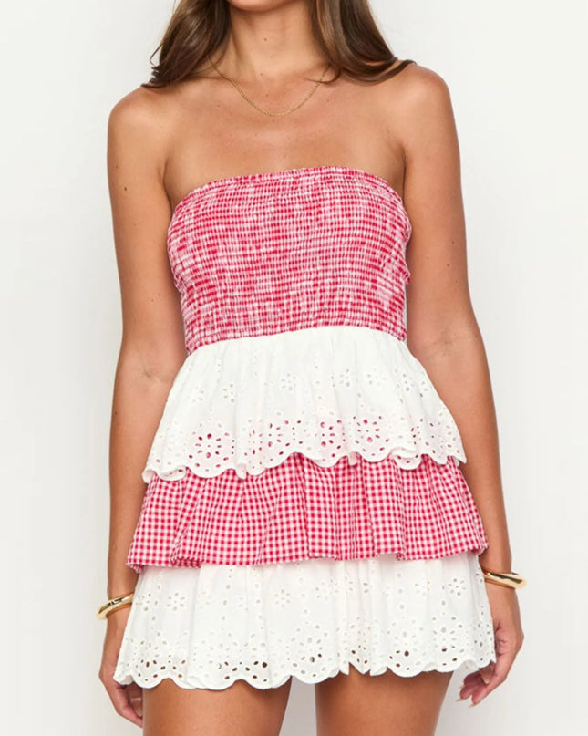 Eyelet Gingham Ruffle Layered Tube Dress