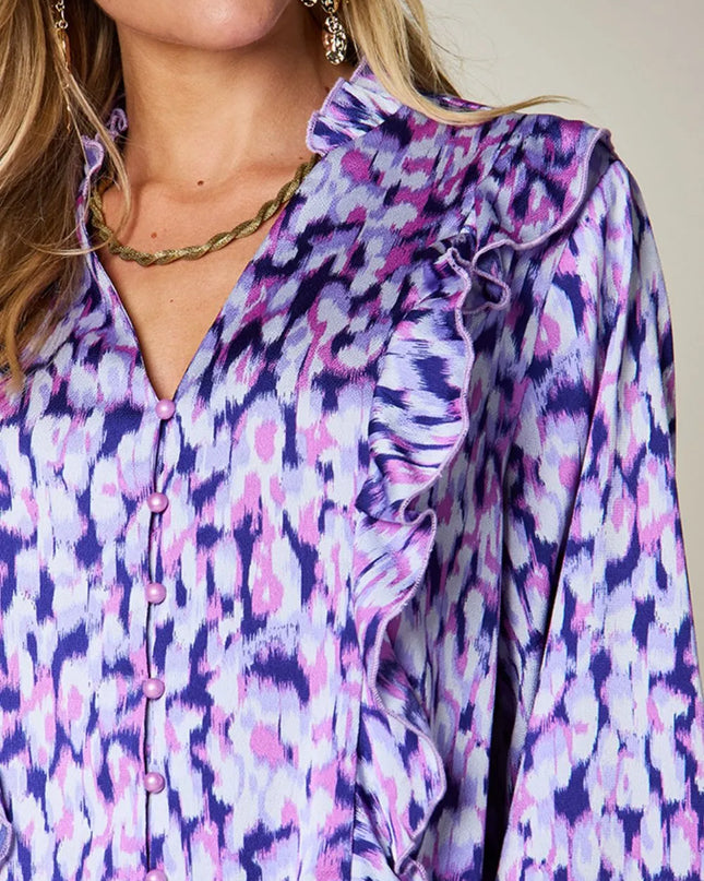 Double Take Full Size Printed Ruffle Trim Balloon Sleeve Shirt