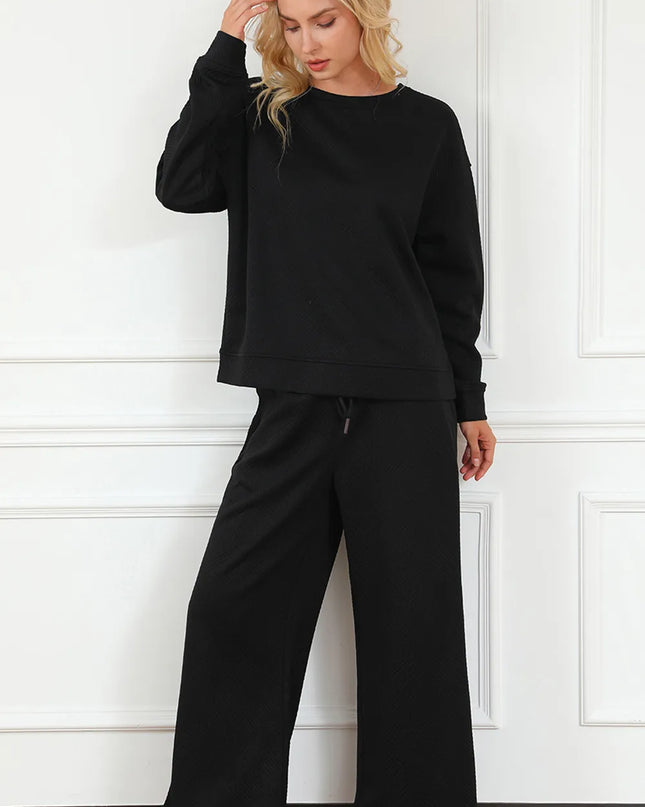 Double Take Full Size Textured Long Sleeve Top and Drawstring Pants Set
