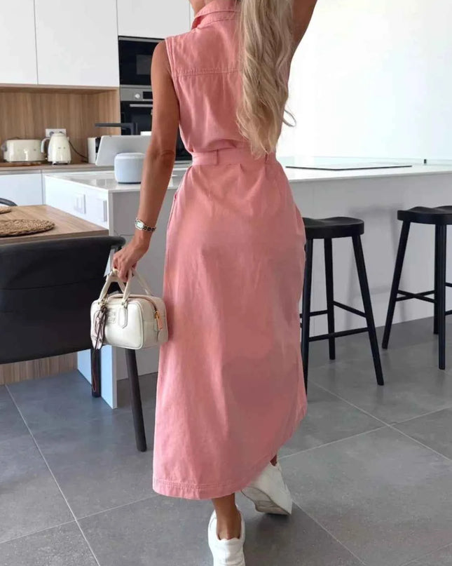 Button Front Sleeveless Denim Dress