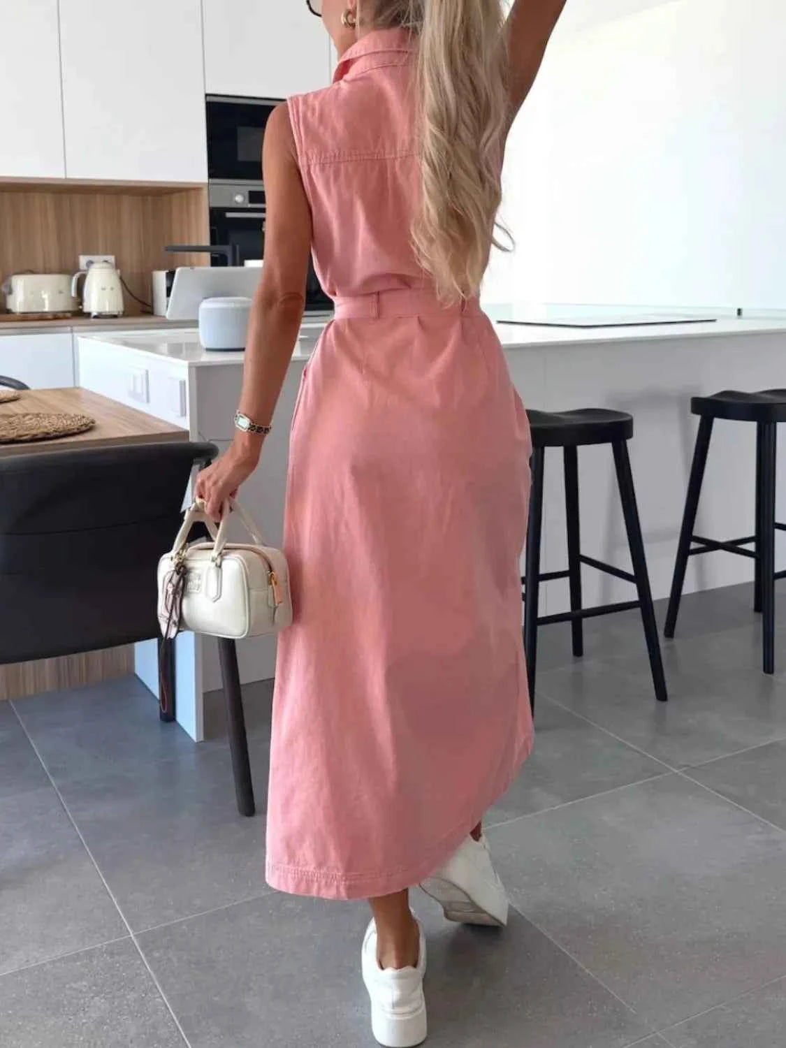 Button Front Sleeveless Denim Dress