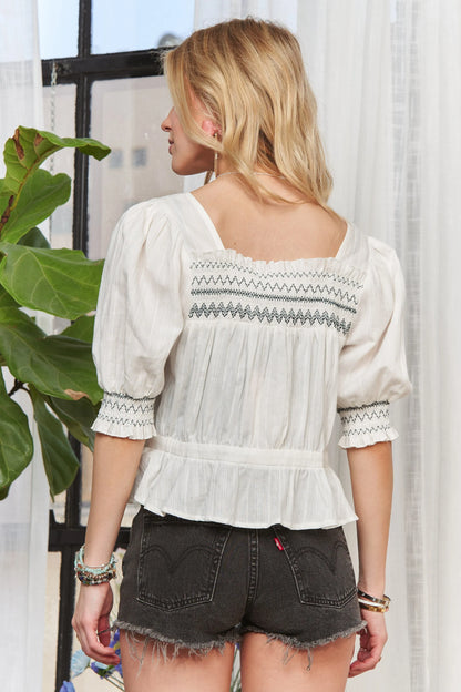 ADORA Smocked Puff Sleeve Peasant Blouse 