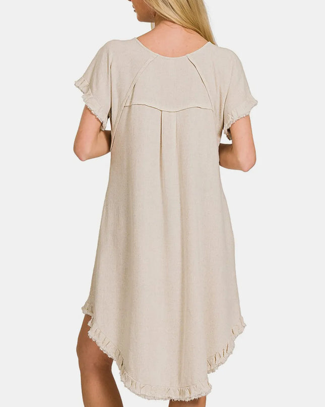 Zenana Fringe Edge High Low Flowy Dress with Pockets