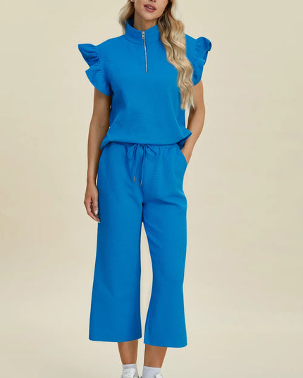 Double Take Full Size Texture Ruffle Short Sleeve Top and Wide Leg Pants Set Sky Blue