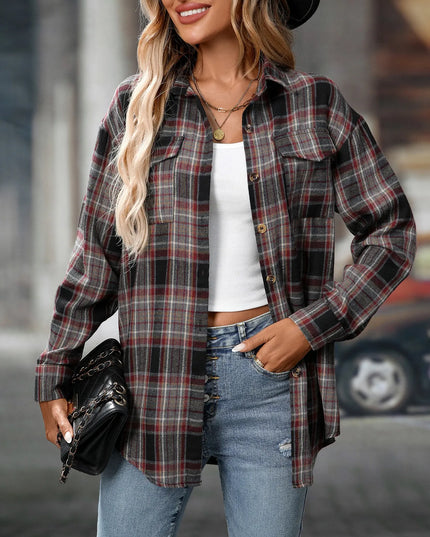 Oversized Plaid Button-Up Shirt Dark Gray
