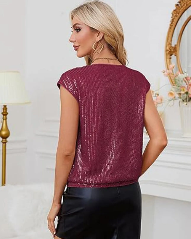V-Neck Sequin Cap Sleeve Top