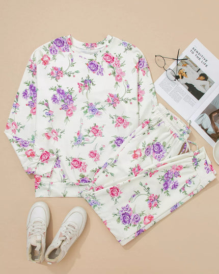 Floral Print Round Neck Top and Drawstring Pants Lounge Set