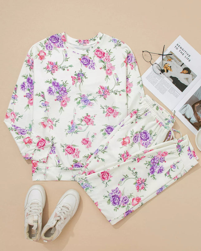 Floral Print Round Neck Top and Drawstring Pants Lounge Set