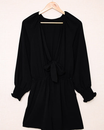 Tied Flounce Sleeve Plunge Romper Black
