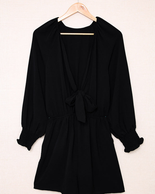 Tied Flounce Sleeve Plunge Romper Black