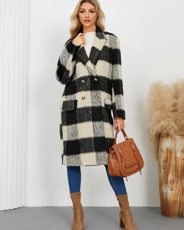 Plaid Double-Breasted Long Sleeve Coat Black