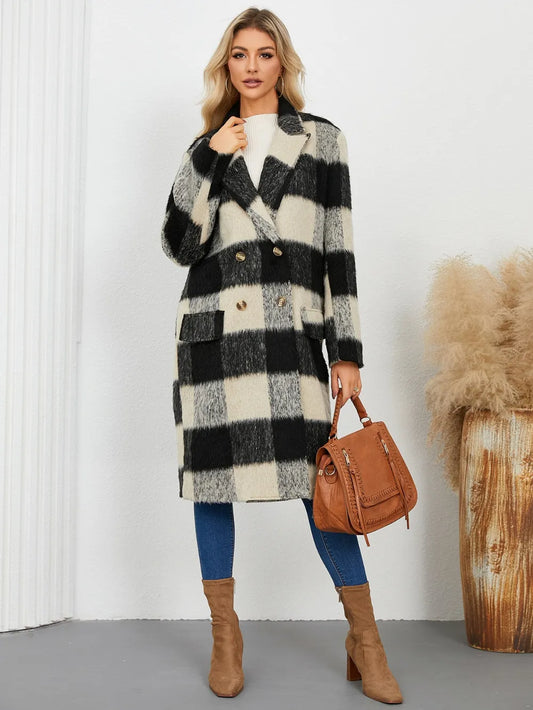 Plaid Double-Breasted Long Sleeve Coat Black