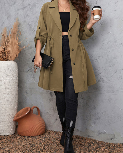 Honey Plus Size Lapel Collar Drawstring Roll-Tab Sleeve Trench Coat