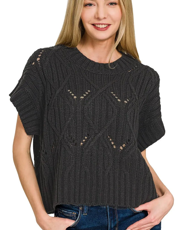Zenana Cable Knit Short Sleeve Sweater BLACK