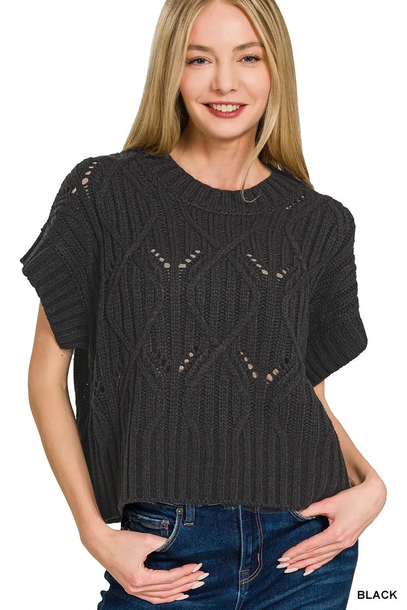 Zenana Cable Knit Short Sleeve Sweater BLACK