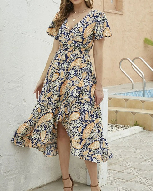 Floral Print Short Sleeve Wrap Midi Dress Orange