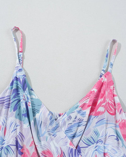 Floral Spaghetti Strap Surplice Neck Shirred Waist Mini Dress