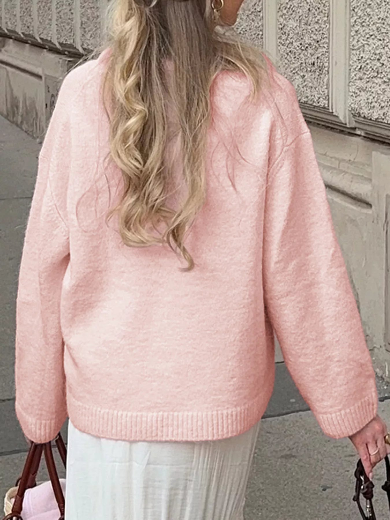 Ribbed Round Neck Dropped Shoulder Sweater