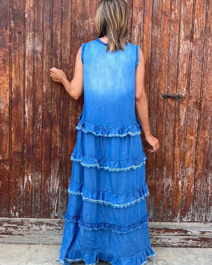 Raw Hem Layered Denim Maxi Dress 