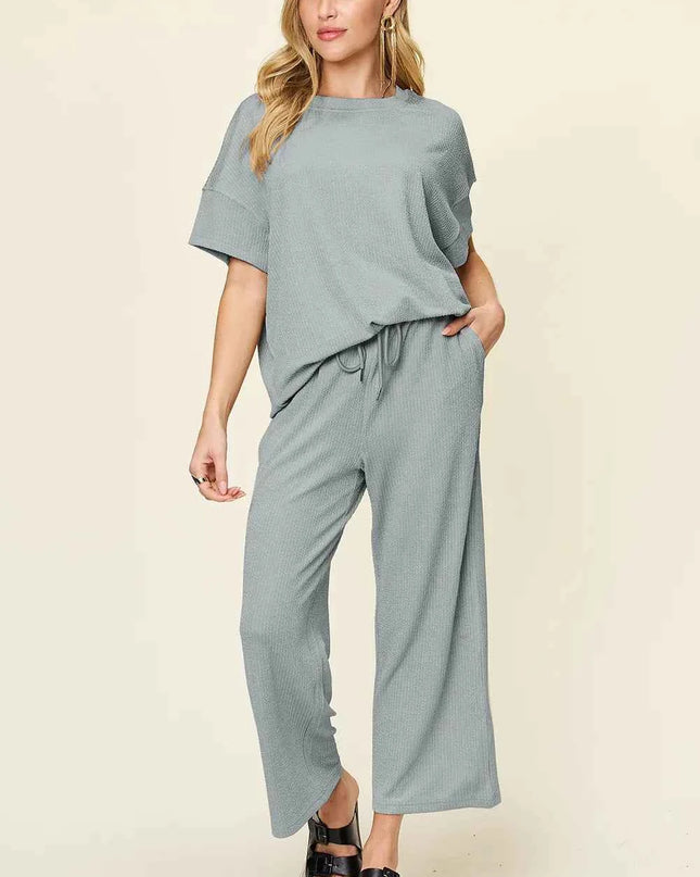 Double Take Full Size Texture Round Neck Short Sleeve T-Shirt and Wide Leg Pants