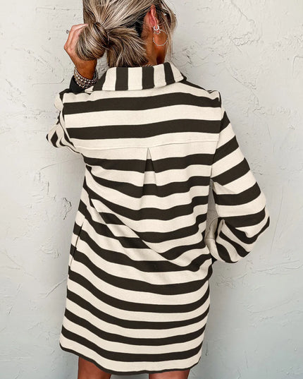 Contrast Striped Johnny Collar Long Sleeve Mini Dress