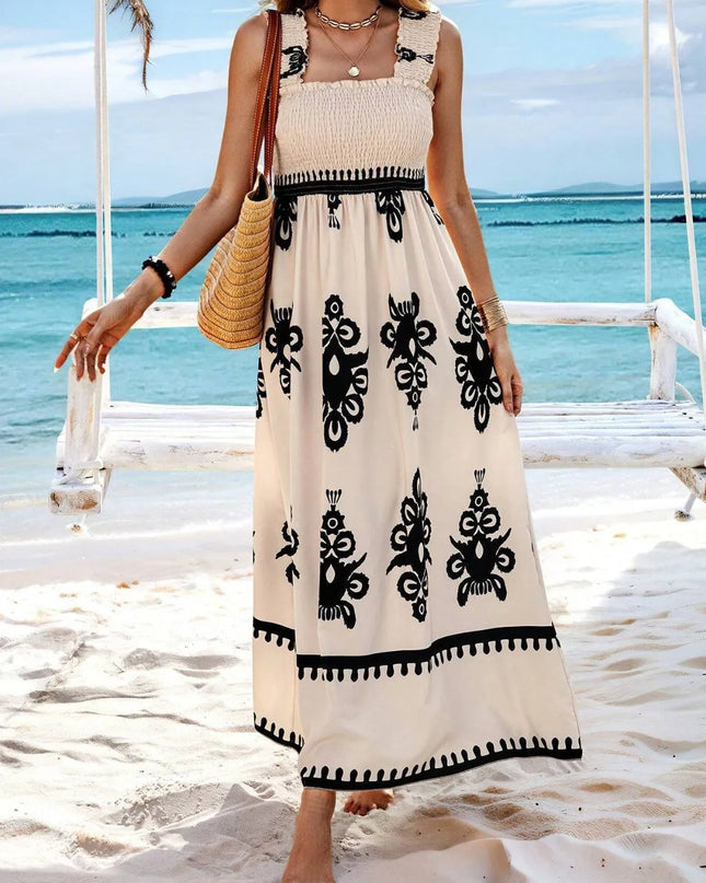 Smocked Printed Wide Strap Maxi Dress 