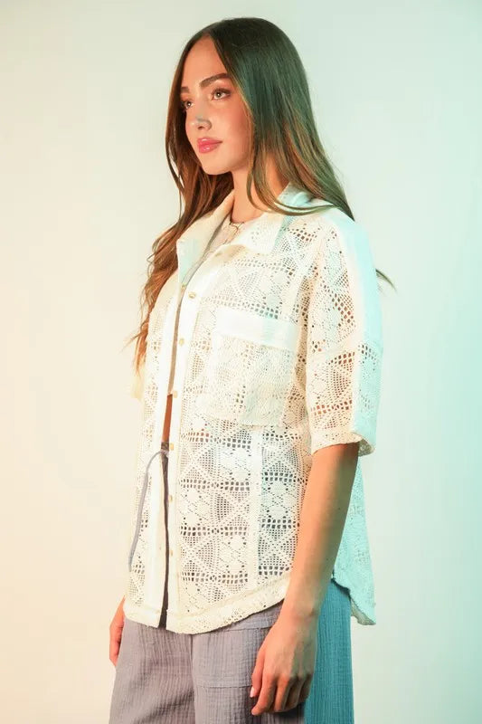 VERY J Plus Size Oversized Crochet Button Down Shirt Top