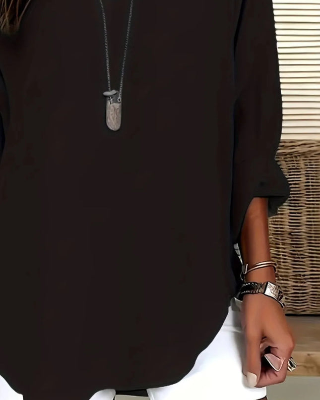 Notched Long Sleeve Casual Blouse