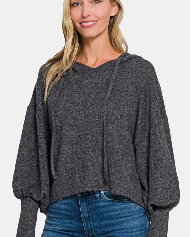 Zenana Brushed Hacci Drop Shoulder Cropped Hoodie Black