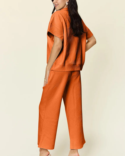 Double Take Full Size Texture Half Zip Short Sleeve Top and Pants Set