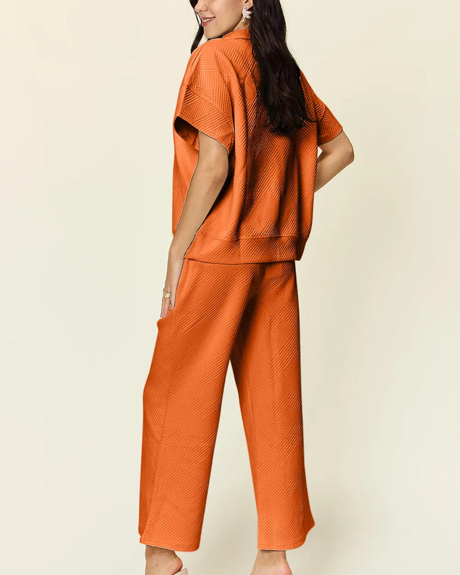Double Take Full Size Texture Half Zip Short Sleeve Top and Pants Set