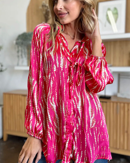 Double Take Full Size Printed Button Up Long Sleeve Shirt