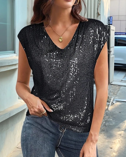 V-Neck Sequin Cap Sleeve Top Black
