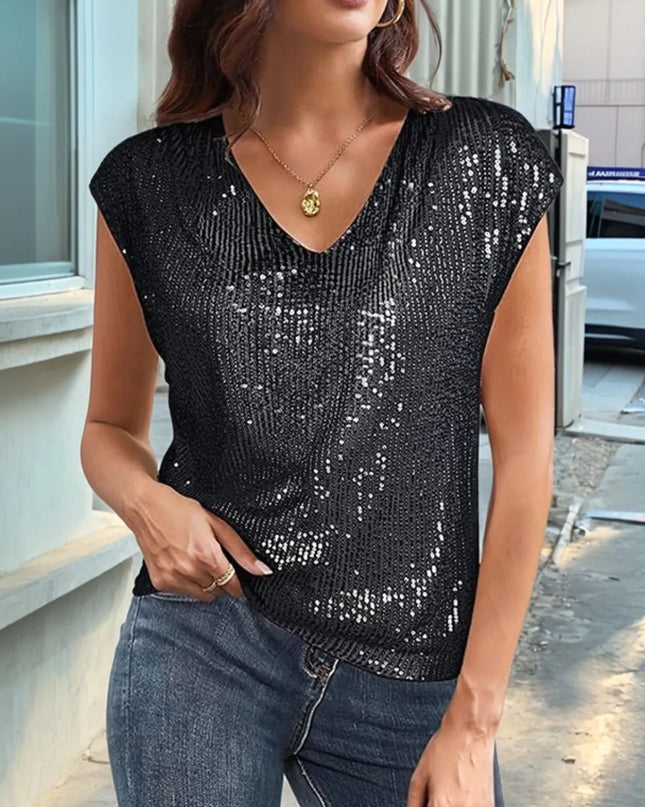 V-Neck Sequin Cap Sleeve Top Black