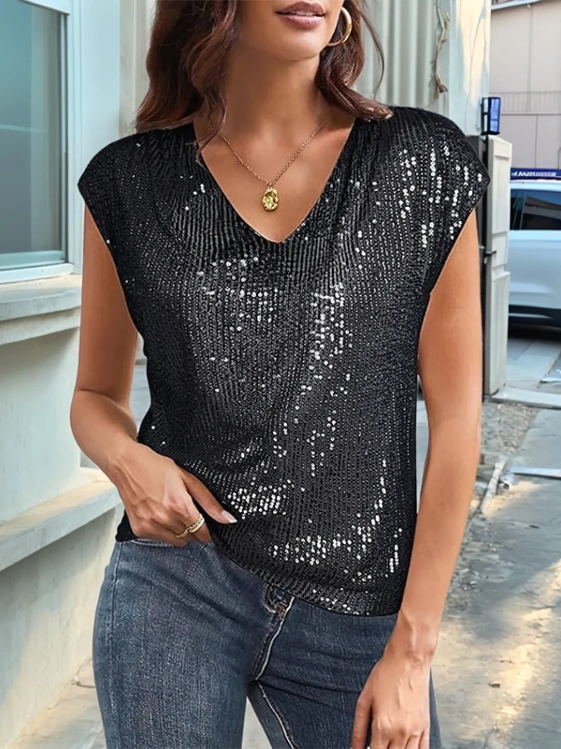 V-Neck Sequin Cap Sleeve Top Black