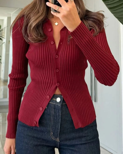 Ribbed Button-Front Long Sleeve Cardigan Deep Red