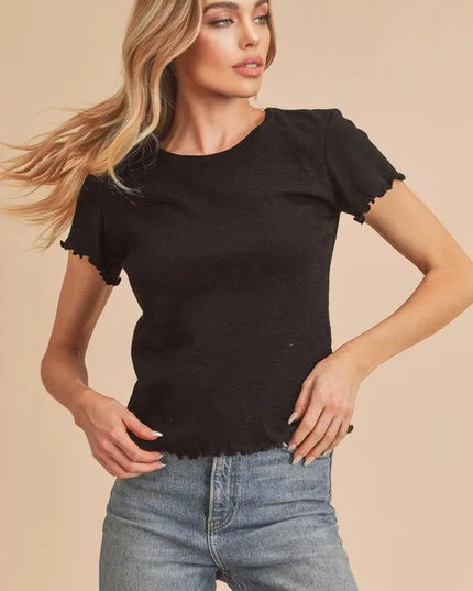 Aemi+Co Round Neck Lettuce Hem Short Sleeve T-Shirt