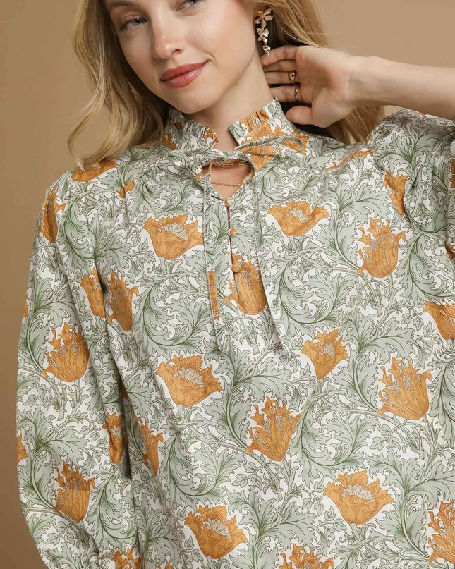 Umgee Floral Print Tie Neck 3/4 Sleeve Blouse OFF WHITE MIX