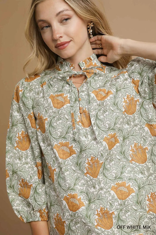 Umgee Floral Print Tie Neck 3/4 Sleeve Blouse OFF WHITE MIX