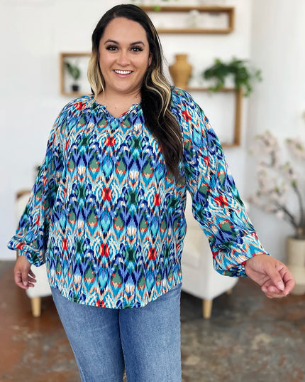 Double Take Full Size Printed Balloon Sleeve Blouse