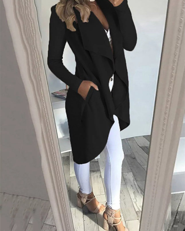 Full Size Lapel Collar Long Sleeve Coat Plus Size Black