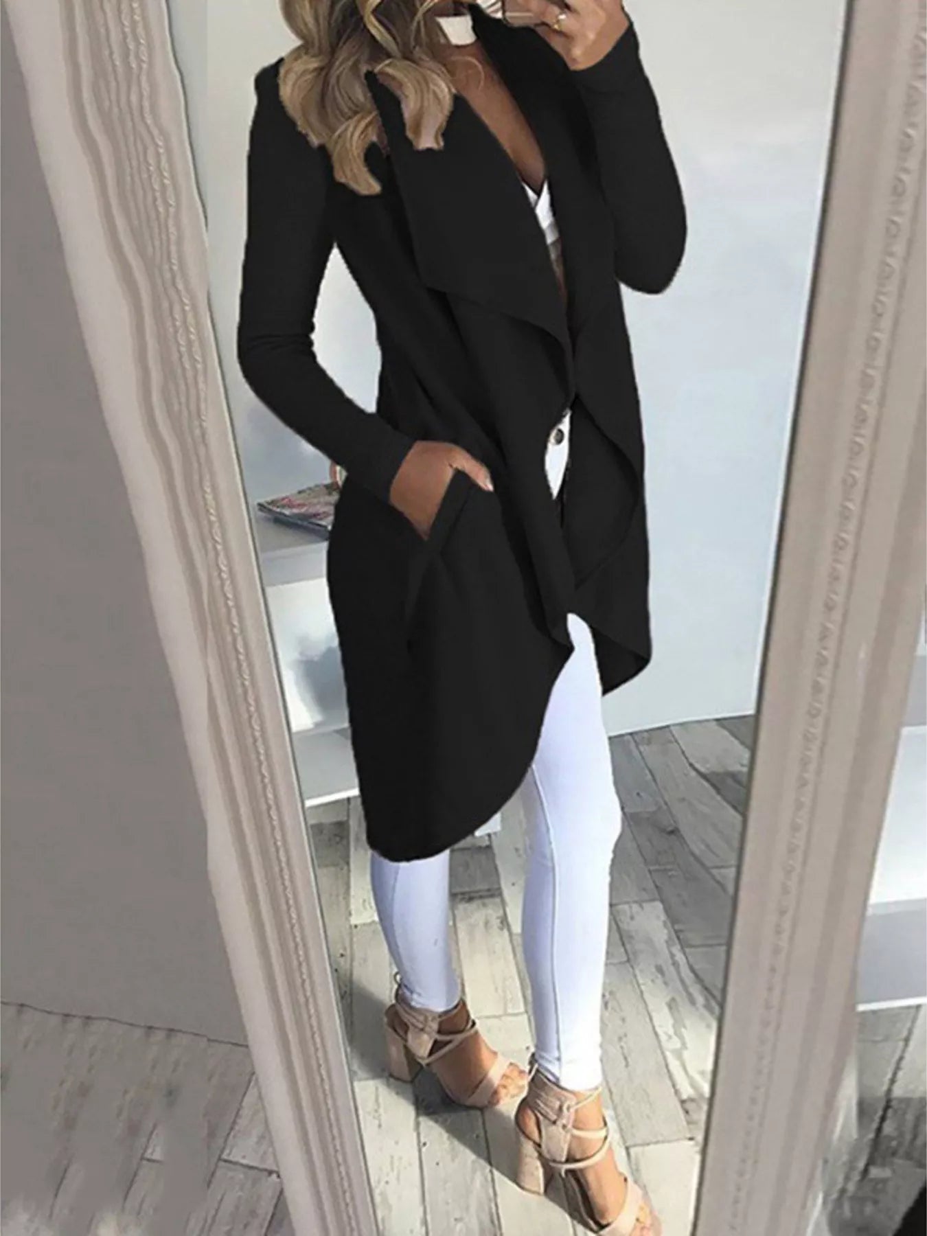 Full Size Lapel Collar Long Sleeve Coat Plus Size Black
