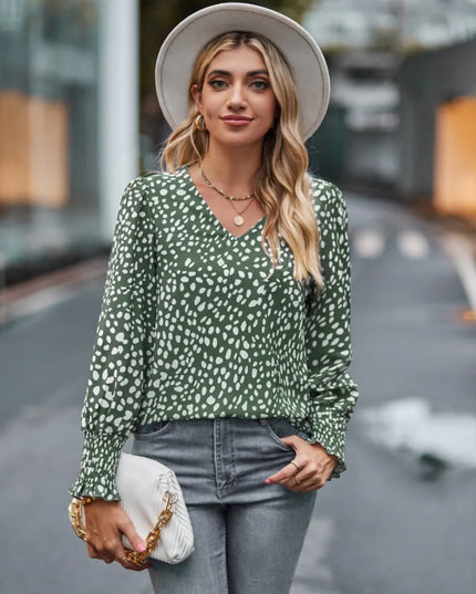 Printed V-Neck Lantern Sleeve Blouse Sage