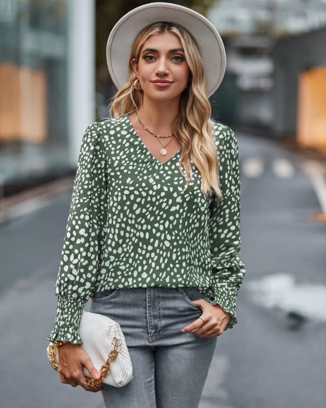 Printed V-Neck Lantern Sleeve Blouse Sage