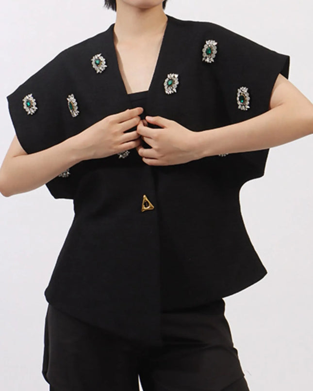 Plus Size Rhinestone Relaxed Fit Vest Coat