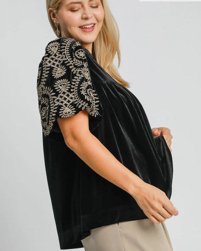 Umgee Full Size Velvet Embroidered Sleeve Blouse Plus Size