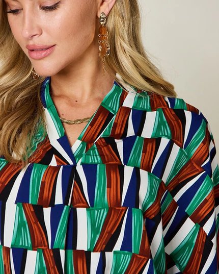 Double Take Full Size Geometric Notched Dolman Sleeve Top