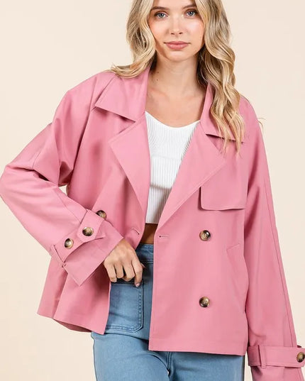 Mittoshop Double Breasted Long Sleeve Trench Coat Jacket Rose