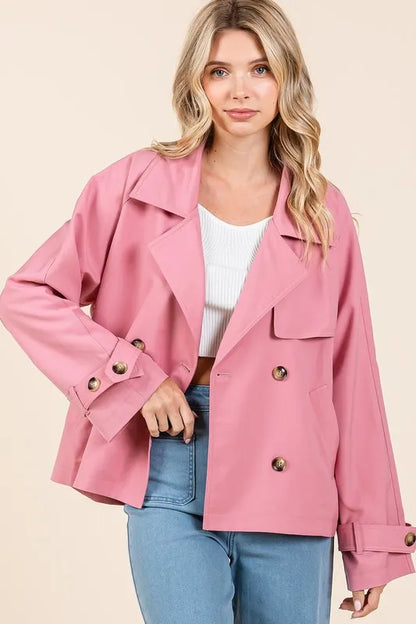 Mittoshop Double Breasted Long Sleeve Trench Coat Jacket Rose